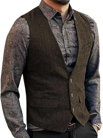 Mens Herringbone Tweed Wool Suit Vest Slim Fit Waistcoat Vest With Flap Pocket Design