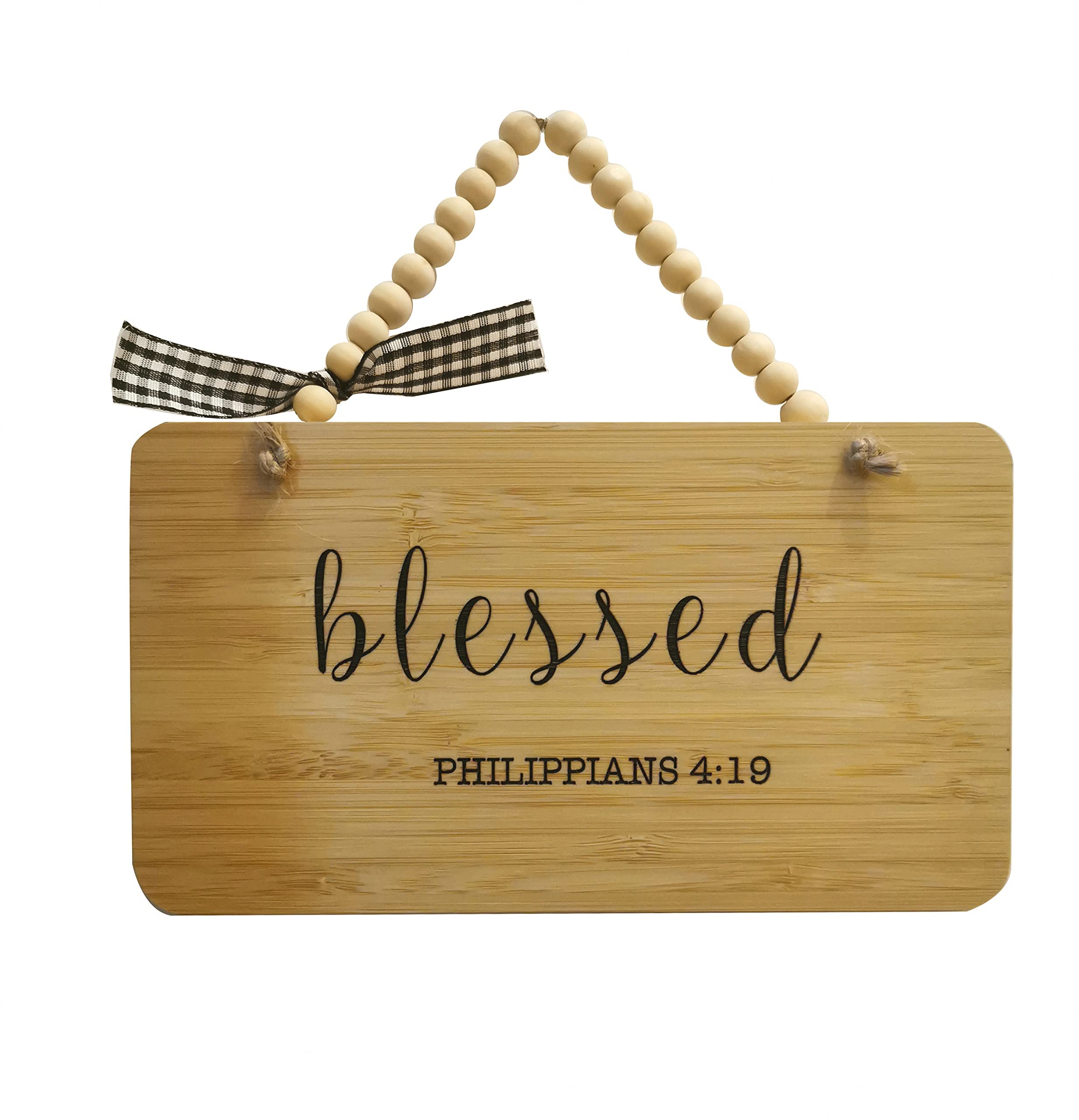 Bamboo wall plaque with bible verse with wood beads hanger farmhouse style nature hand made (Be Still.)