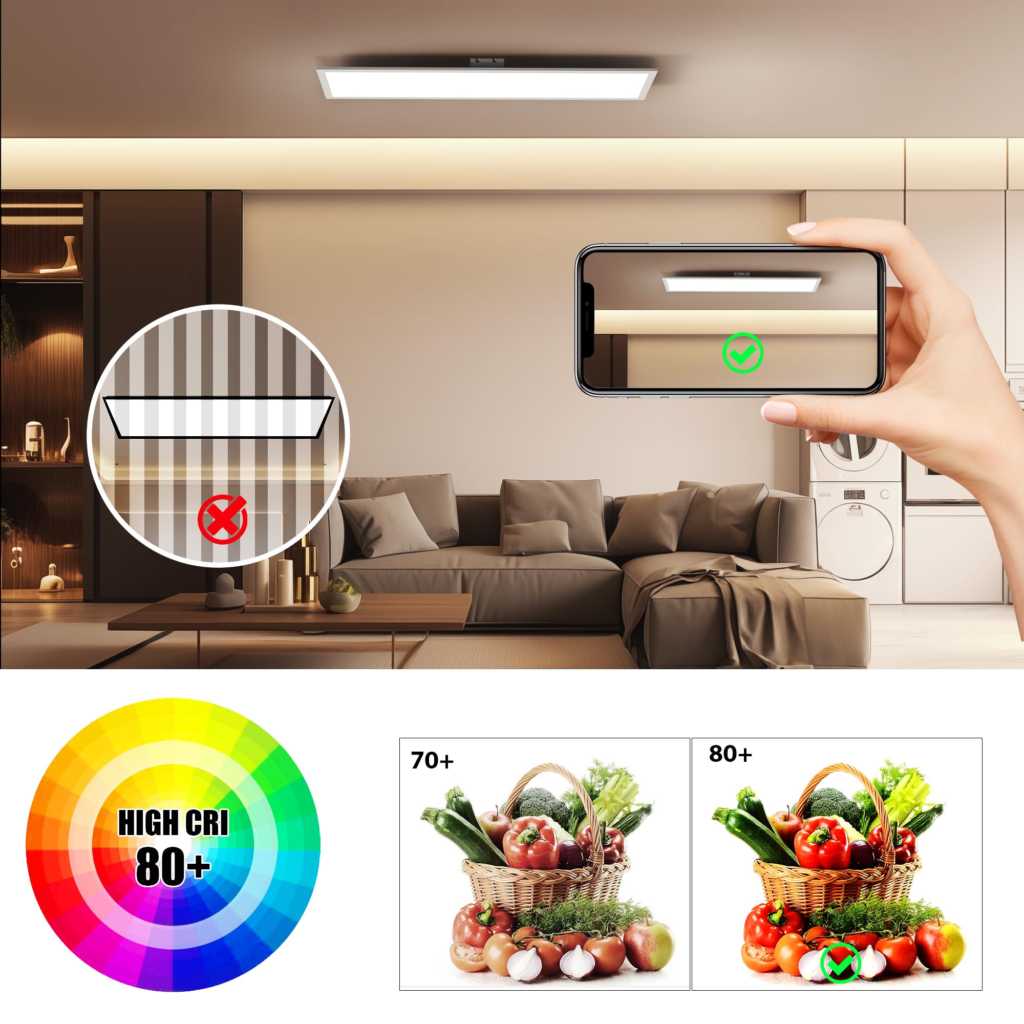 OTREN Plafoniera LED Soffitto 100x25CM, Dimmerabile Pannello LED con Telecomando, 36W Lampadario da Soffitto per Ufficio Soggiorno Camera Cucina Garage, 3000K-6000K, 3200LM