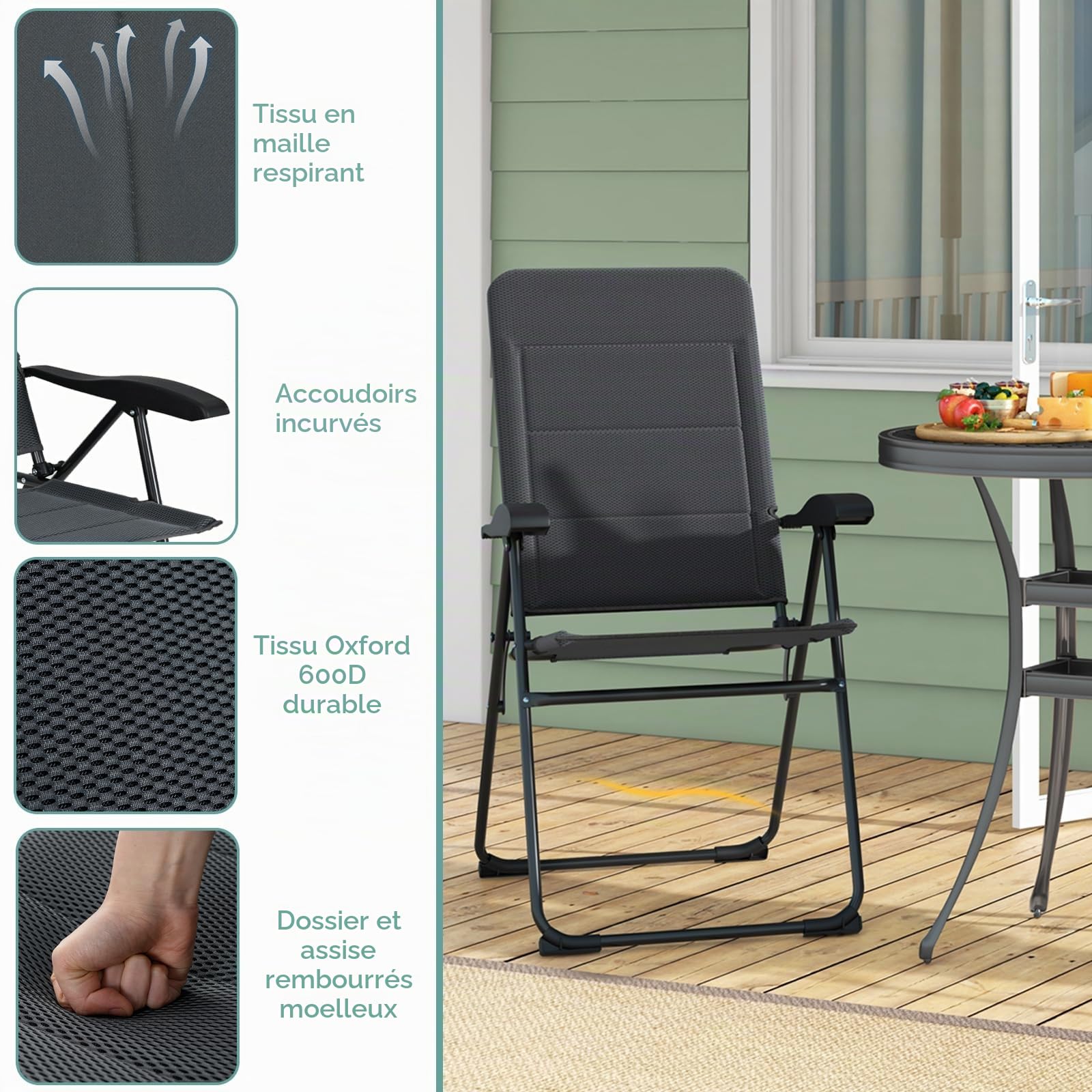 KOMFOTTEU Lot 2, Chaises Jardin Pliables, Dossier réglable, Gris | Fauteuil d'Extérieur, Charge de 150 kg, pour Terrasse, Balcon, Plage, Fêtes, 52,5 x 71 x 101 cm