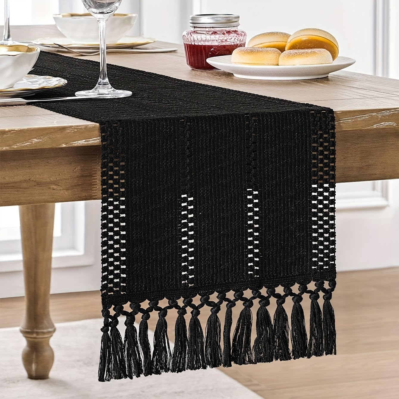 Caminho de mesa Boho com borlas estilo casa de fazenda, corredor de mesa de linho para