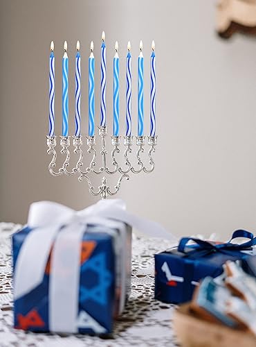 Miniatura 5 de Velas de Hanukkah de tamaño estándar  Velas de Janucá grabadas en ondas azules y blancas que se adaptan a la mayoría de menorás  Cera de calidad
