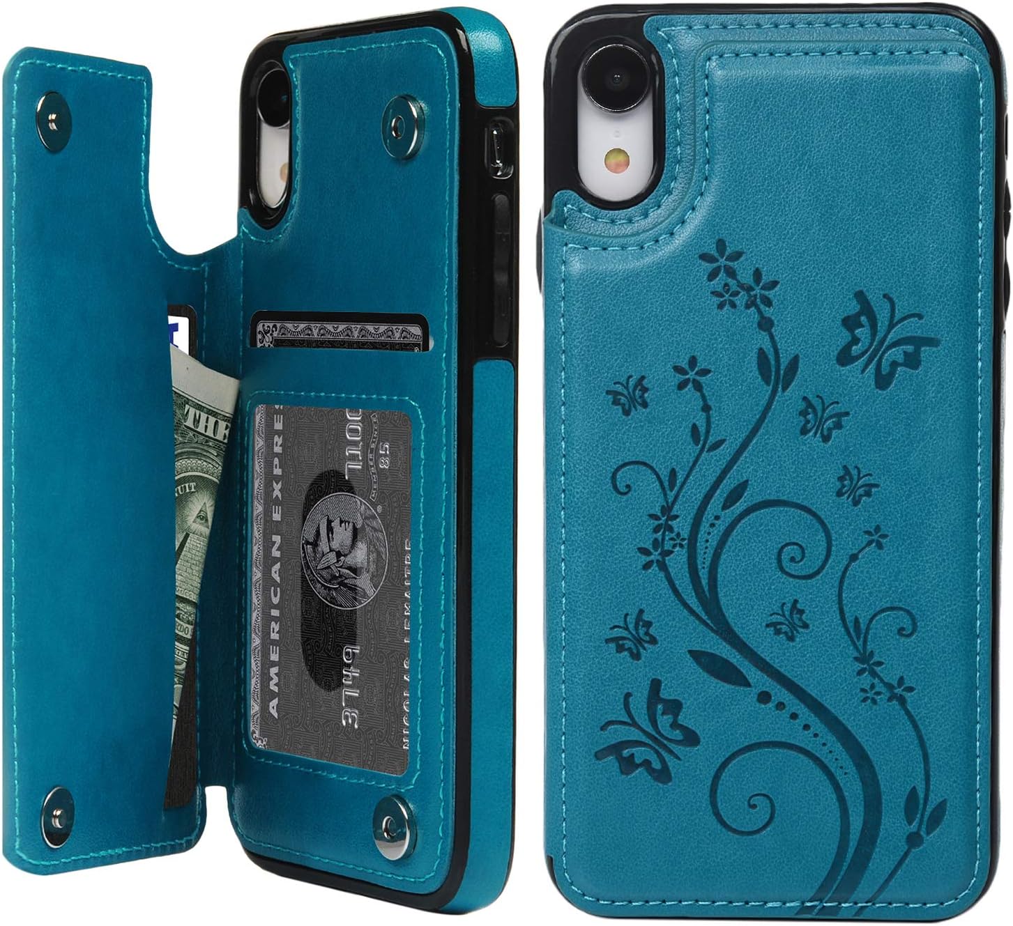 Compatible with iPhone XR Card Holder Case, iPhone XR Wallet Case Embossed Butterfly PU Leather Cover Shockproof Kickstand with Credit Card Slot, Durable Protective Case for iPhone XR 6.1 inch, Blue