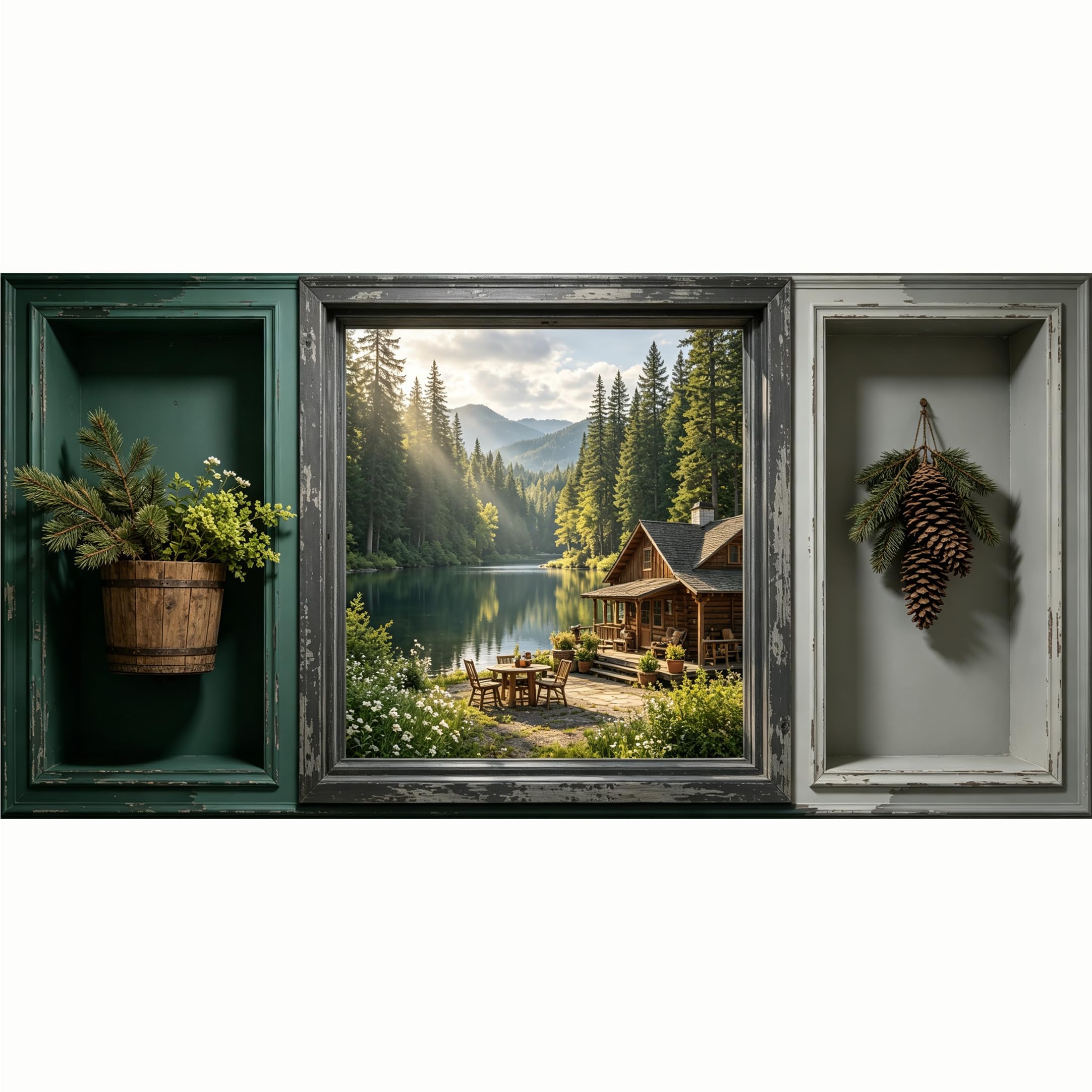 QZLITHOTIC 50x100cm 3D Framed Wall Art， Lakeside Cabin Mountain Forest Landscape Self‑Adhesive Mural， Water‑Activated Peel & Stick Fabric Decor Wall Decal for Bedroom Living Room