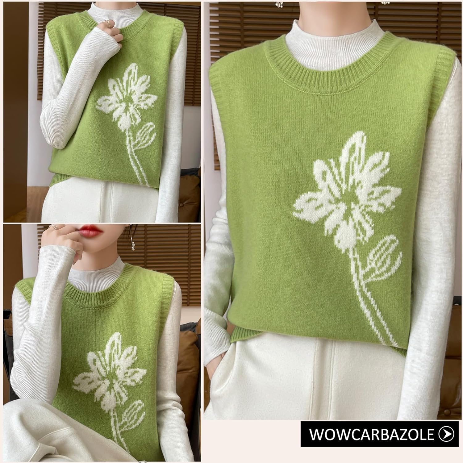 Wowcarbazole Women's Sweater Vest Crew Neck Sleeveless Ribbed Knitwear Casual Trendy Floral Knitted Vest Pullover Top - Image 5