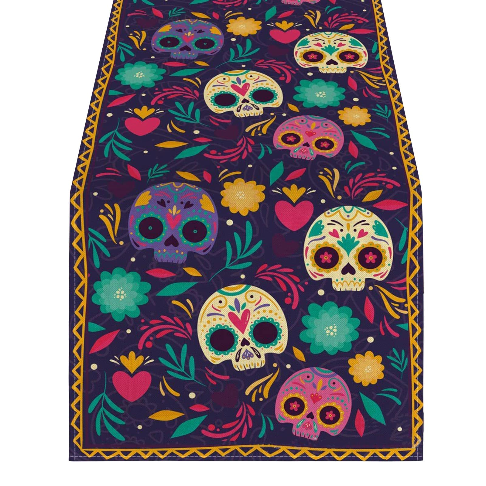 Yhplxyuus Mexico Flower Table Runner Halloween Skull Day of the Dead Tablecloth Party Dining Table Cover for Kitchen Home Decor Mexico Runners for Party