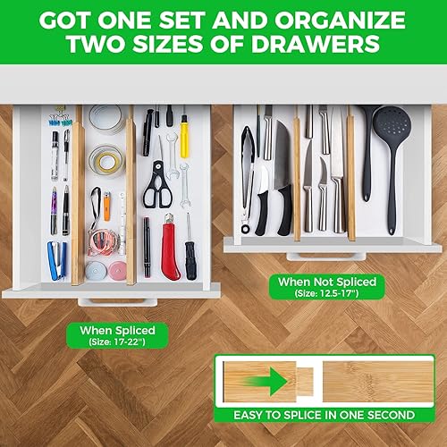 Miniatura 2 de BESHOF Divisores de cajones de bambú  Divisores telescópicos ajustables cosidos 126-216 pulgadas con almohadillas de goma de fricción con extensor