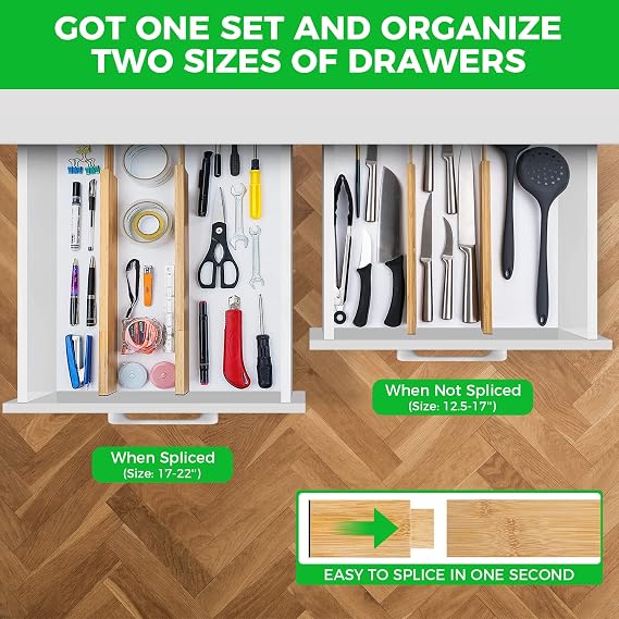 4 Pack Bamboo Drawer Dividers Organizer with Inserts 2.6'' High