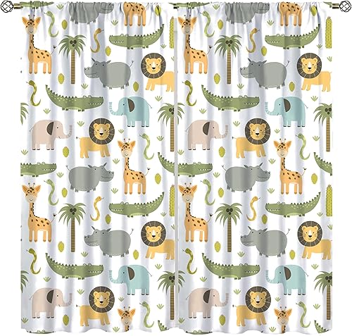 Cortinas de animales de safari para guardería, tratamiento de ventana para dormitorio de niños, bebé, niños, bosque, selva, bosque, león, elefante,