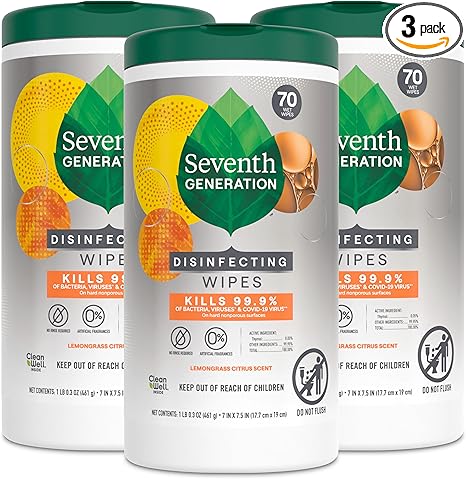 Seventh Generation Disinfecting Multi-Surface Wipes, Lemongrass Citrus, 70 Count, Pack of 3