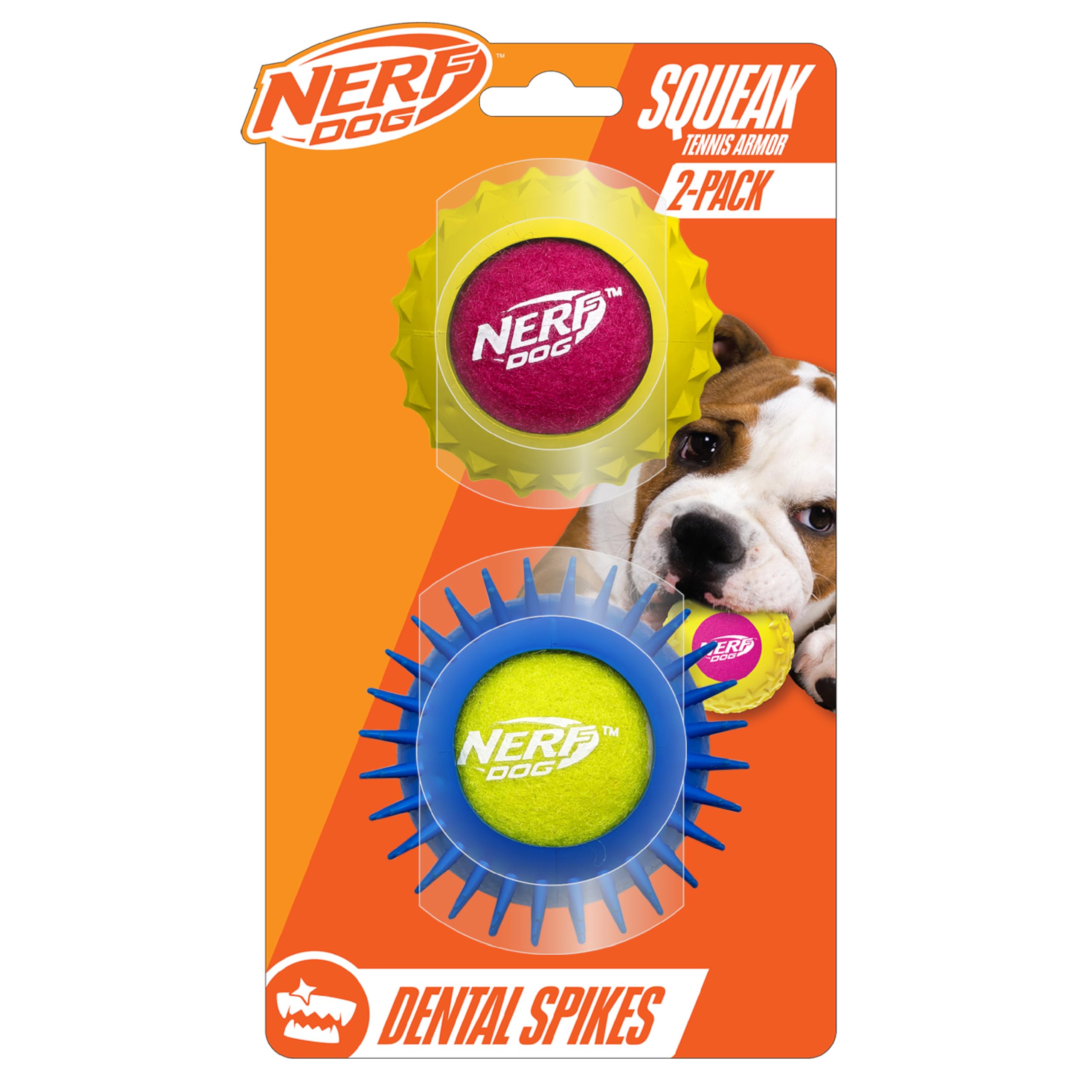 Nerf Dog Tennis Armor Balls with Rubber Squeaker, 2.5-Inch Durable Fetch Toys for Dogs, Yellow-Pink/Blue-Green (2-Pack)