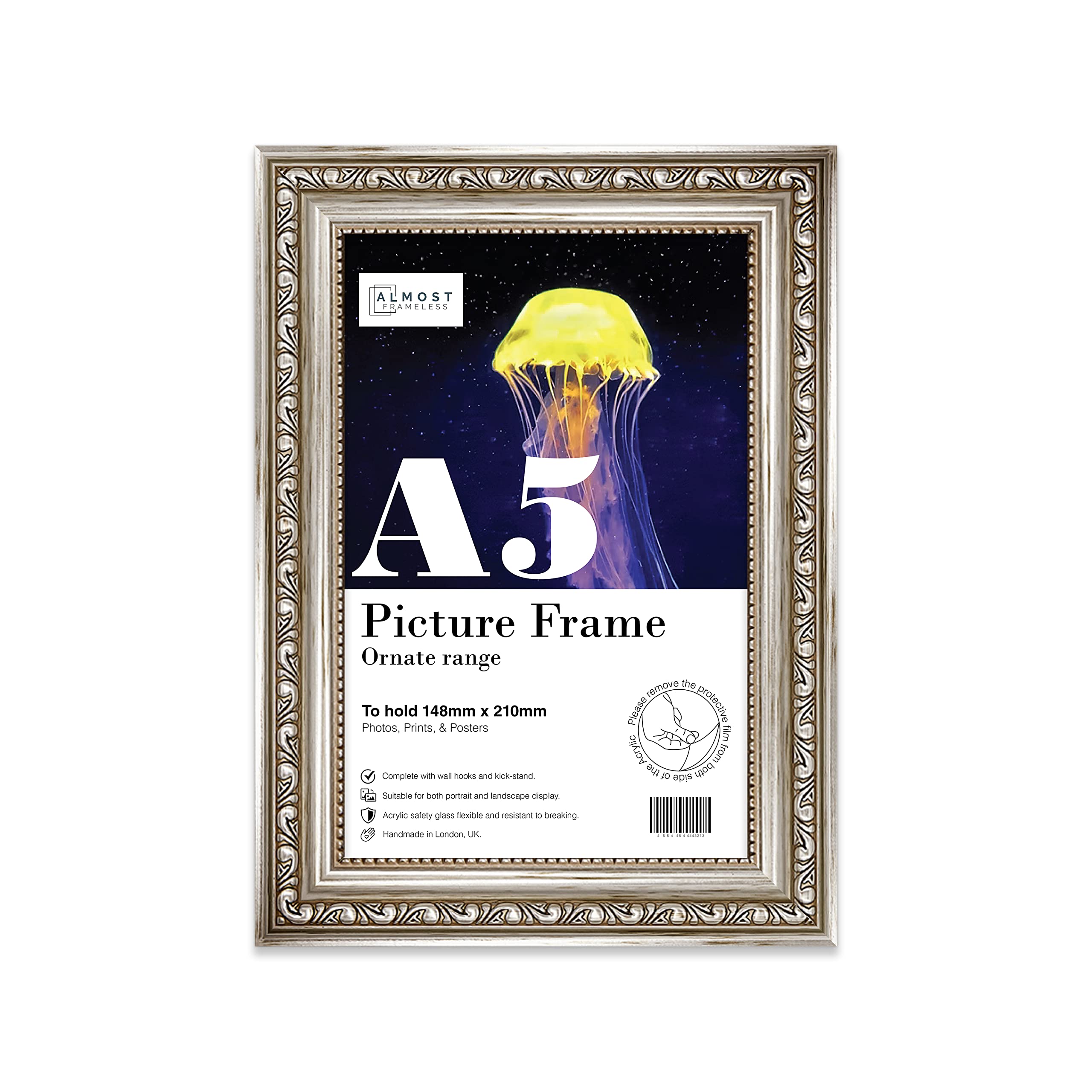 Almost Frameless A5 Silver Ornate Picture Frame Fits A5 (14.8 x 21cm - 5.8 x 8.3in) Poster, Photo, Artwork, or Print. Shabby Chic Style Portrait and Landscape Display with Wall Hooks