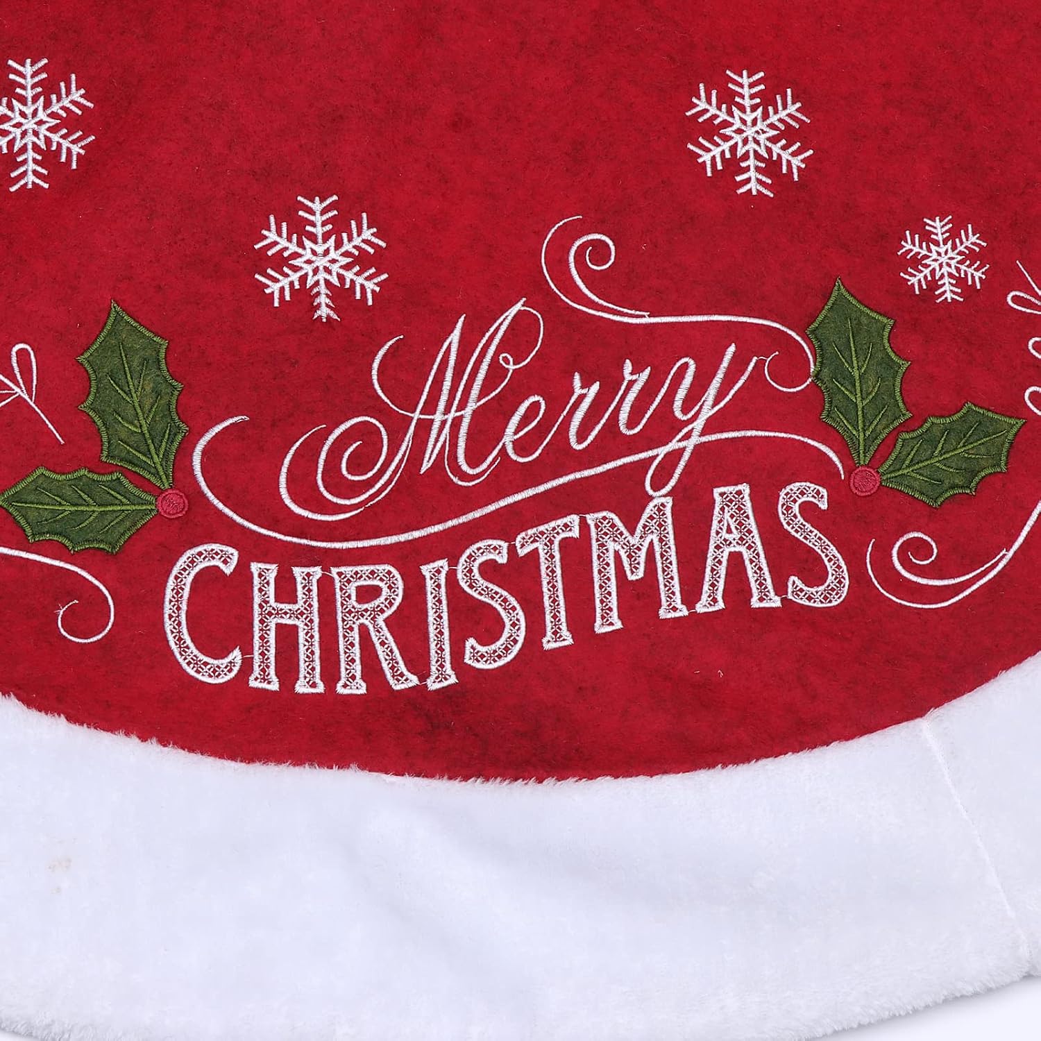 XAMSHOR Christmas Tree Skirt, 48 Inches Embroidered Xmas Tree Skirt with White Trim Holiday Party Ornaments Indoor Outdoor Decorations, Snowflake and Leaves Pattern Red