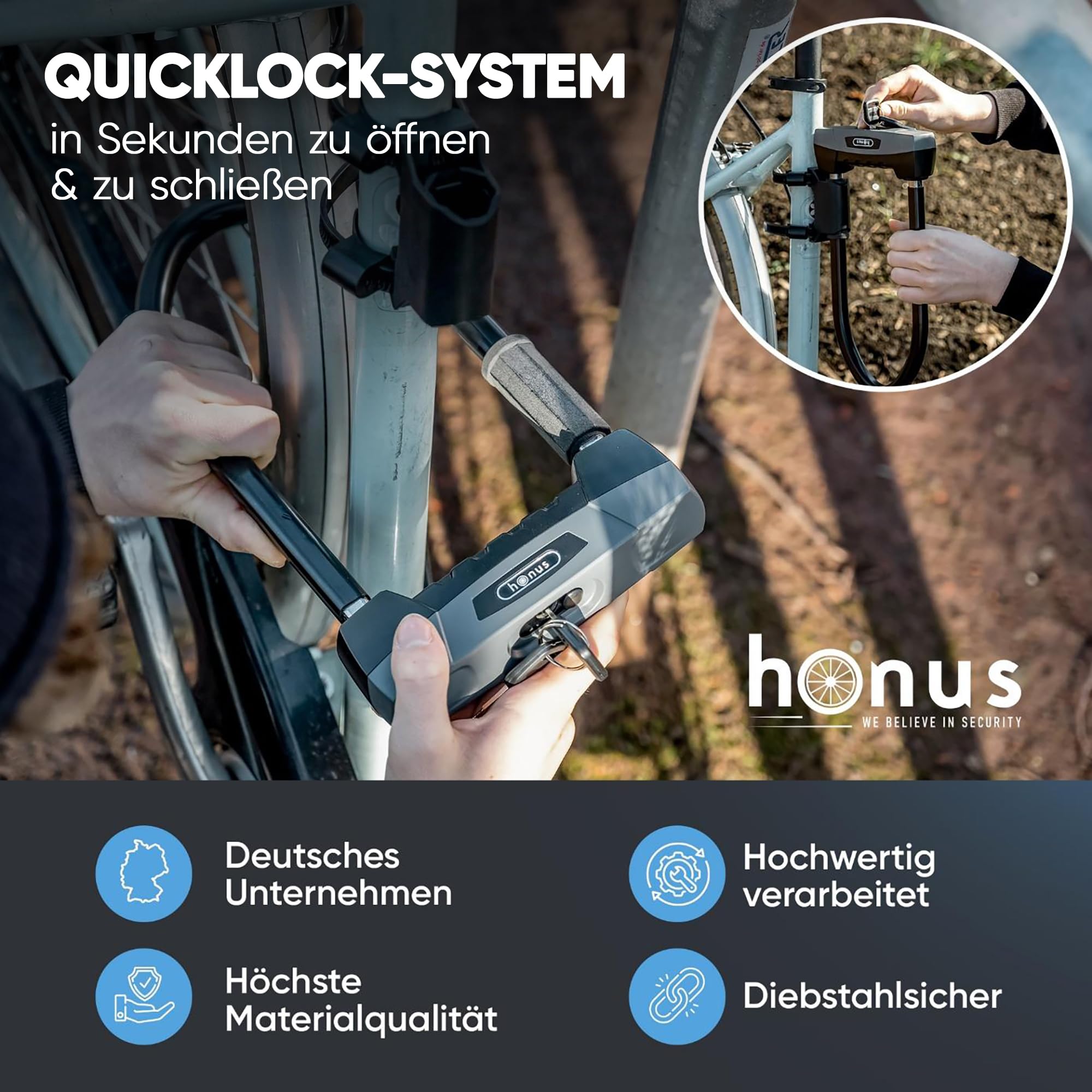 HONUS Bügelschloss E Bike - Fahrradschloss E-Bike DEFENSE PRO Sicherheit | Speziell für E-Bikes - Hohe Sicherheitsstufe - Mit Schlüssel - Robust & Wetterfest - Designed in Germany - Diebstahlschutz
