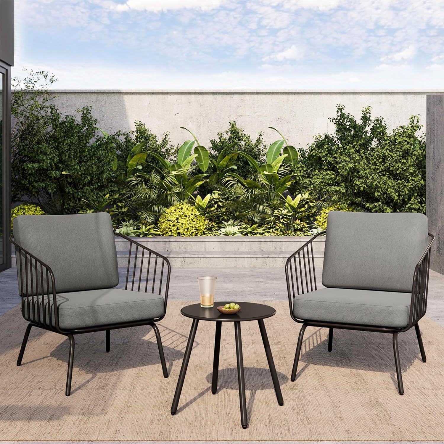 EAST OAK 3-Piece Plaza Patio Furniture Set, Outdoor Furniture with Thick Cushion Sofa and Coffee Table, Modern Patio Conversation Set for 2, Outdoor Bistro Set for Balcony, Black & Grey