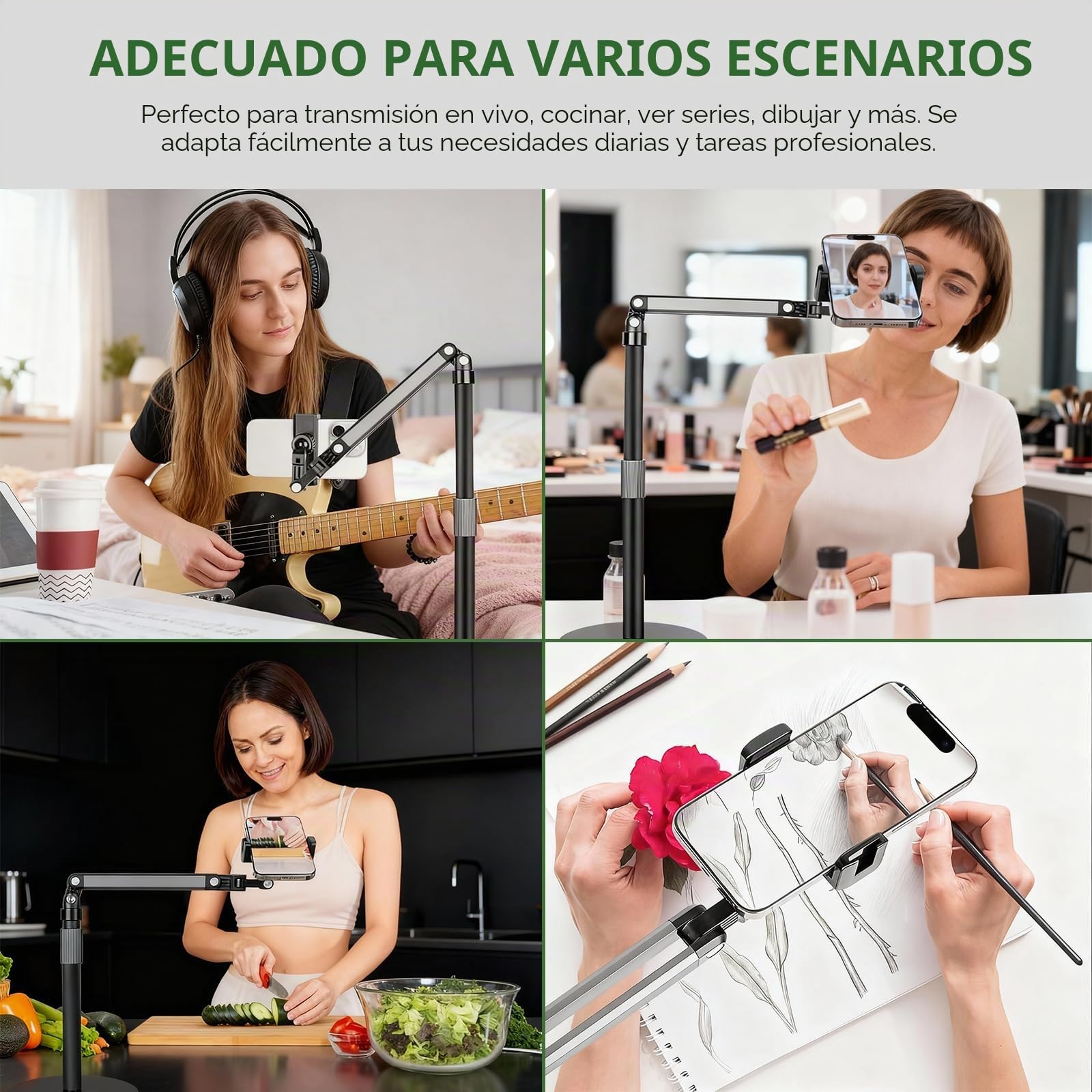 Soporte de Móvil de Mesa, Altura y Ángulo Ajustable 360°, Base Antideslizante de Metal, Ideal para Transmisión en Vivo, Grabación de Videos y Videollamadas