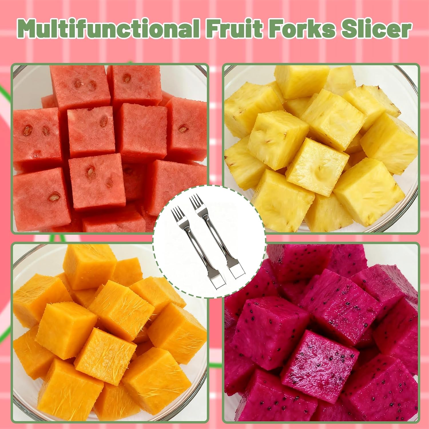 2Pcs Watermelon Fork Slicer Cutter, 2-in-1 Stainless Steel Fruit
