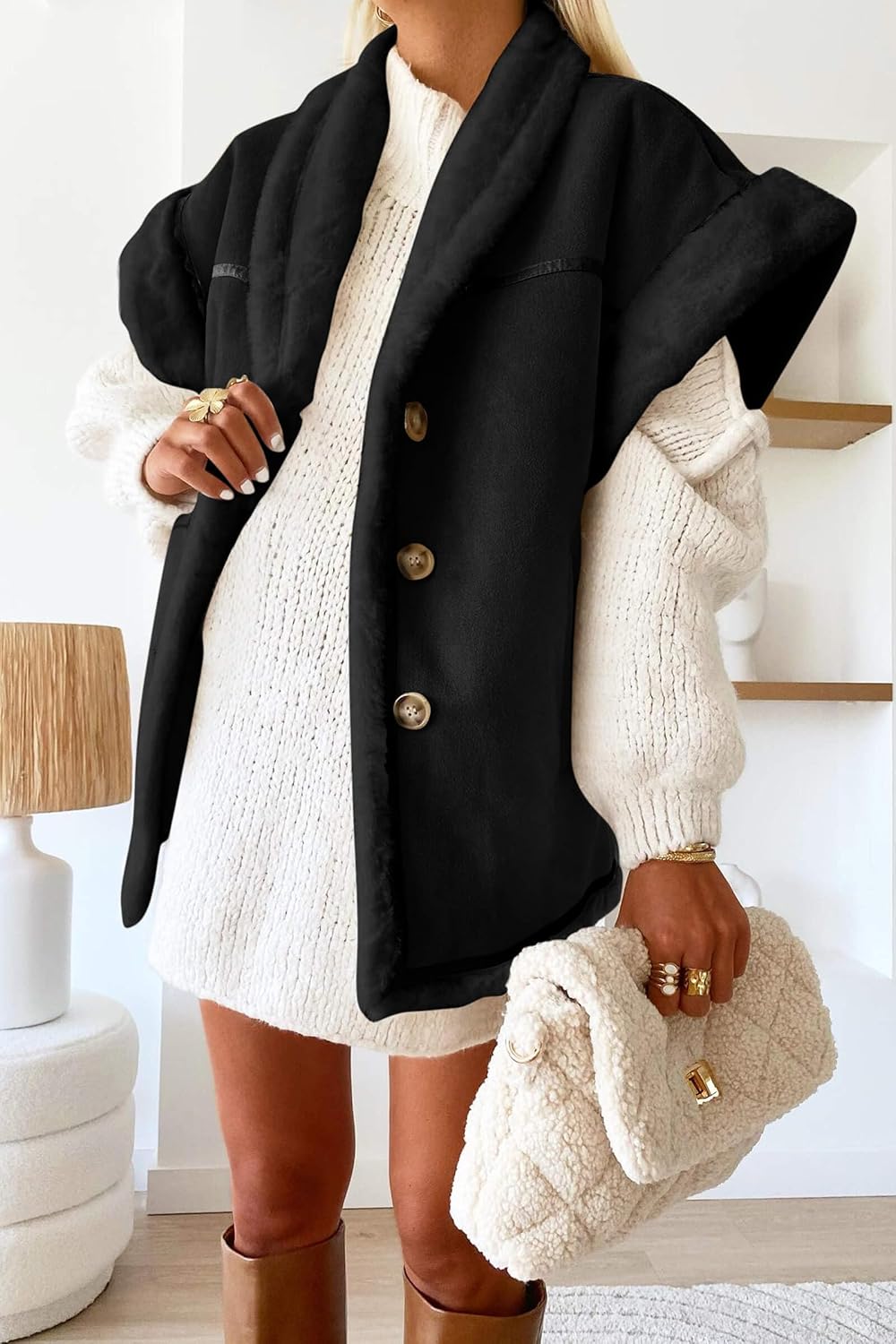 Cicy Bell Womens Suede Sherpa Vest Faux Fur Shearling Jacket Oversized Cap Sleeve Button Down Winter Coats - Image 2