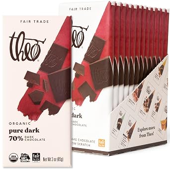 Theo Chocolate Pure Organic Dark Chocolate Bar, 70% Cacao, 12 Pack | Vegan, Fair Trade