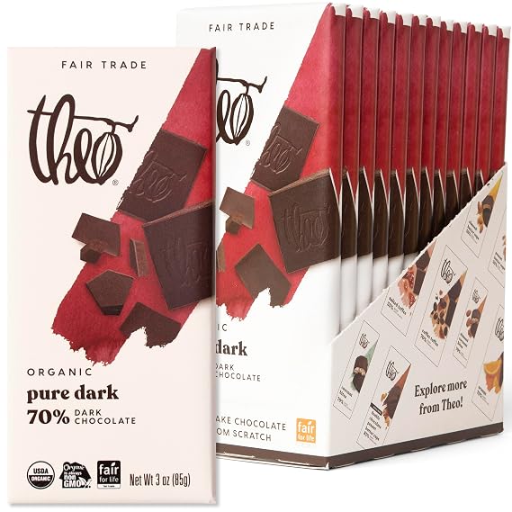 Theo Chocolate Pure Organic Dark Chocolate Bar, 70% Cacao, 12 Pack | Vegan, Fair Trade