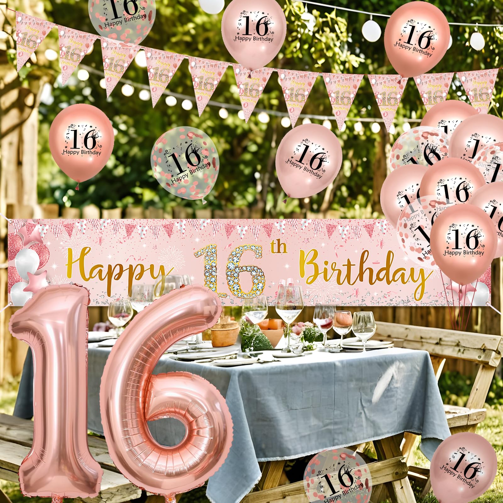 Partydeko-Set Zum 16. Geburtstag – Roségold, Mit Ballons, Banner, Waben, Cake Topper, 42-teilig, Für Mädchen