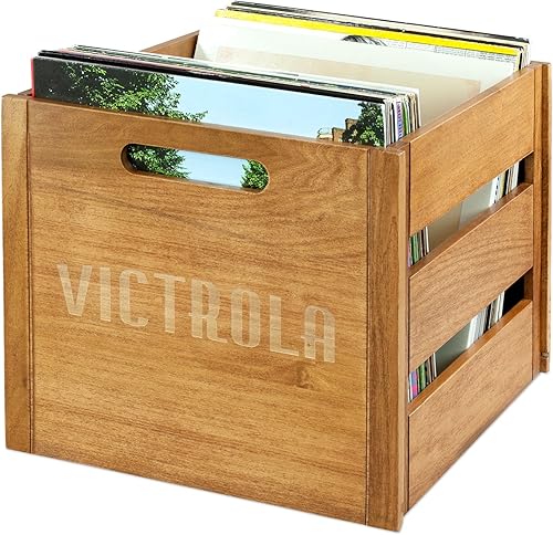 Miniatura 4 de Victrola Caja de discos de madera, soporte de vinilo de mesa, montaje sin herramientas, capacidad para más de 50 discos, construcción de madera