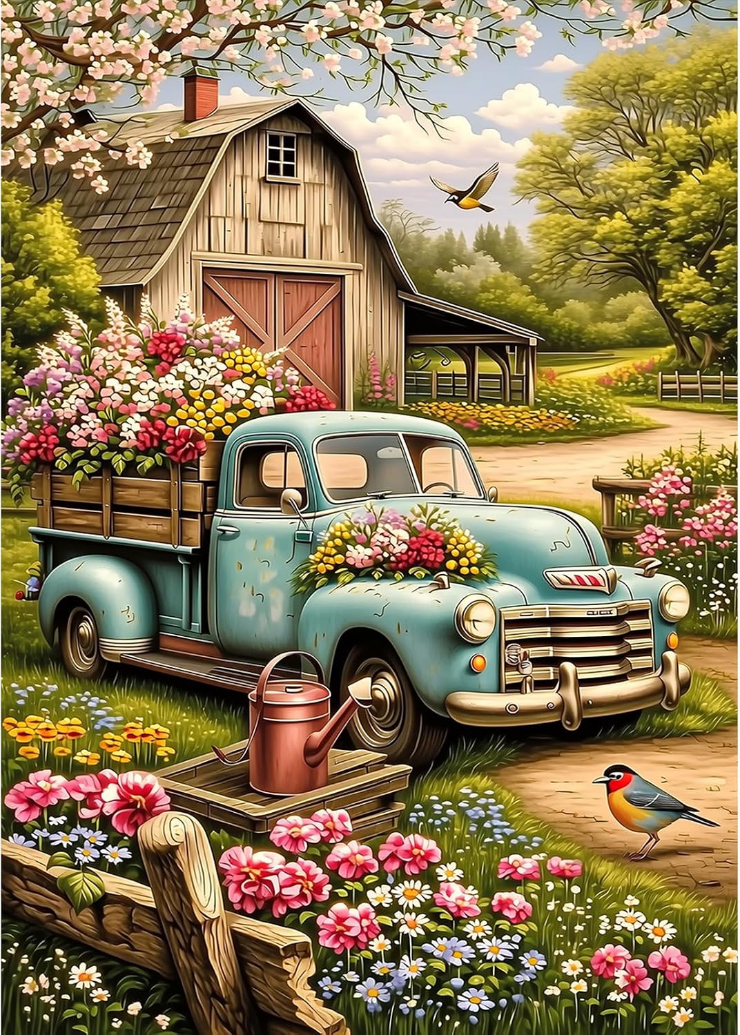 MXJSUA Flower Truck Farm Diamond Art Painting Kits for Adults, Full Drill 5D Round Dots Diamonds Paint Picture for Beginners, Gem Art Painting Craft Kits for Home Decor Gift 12x16 inch