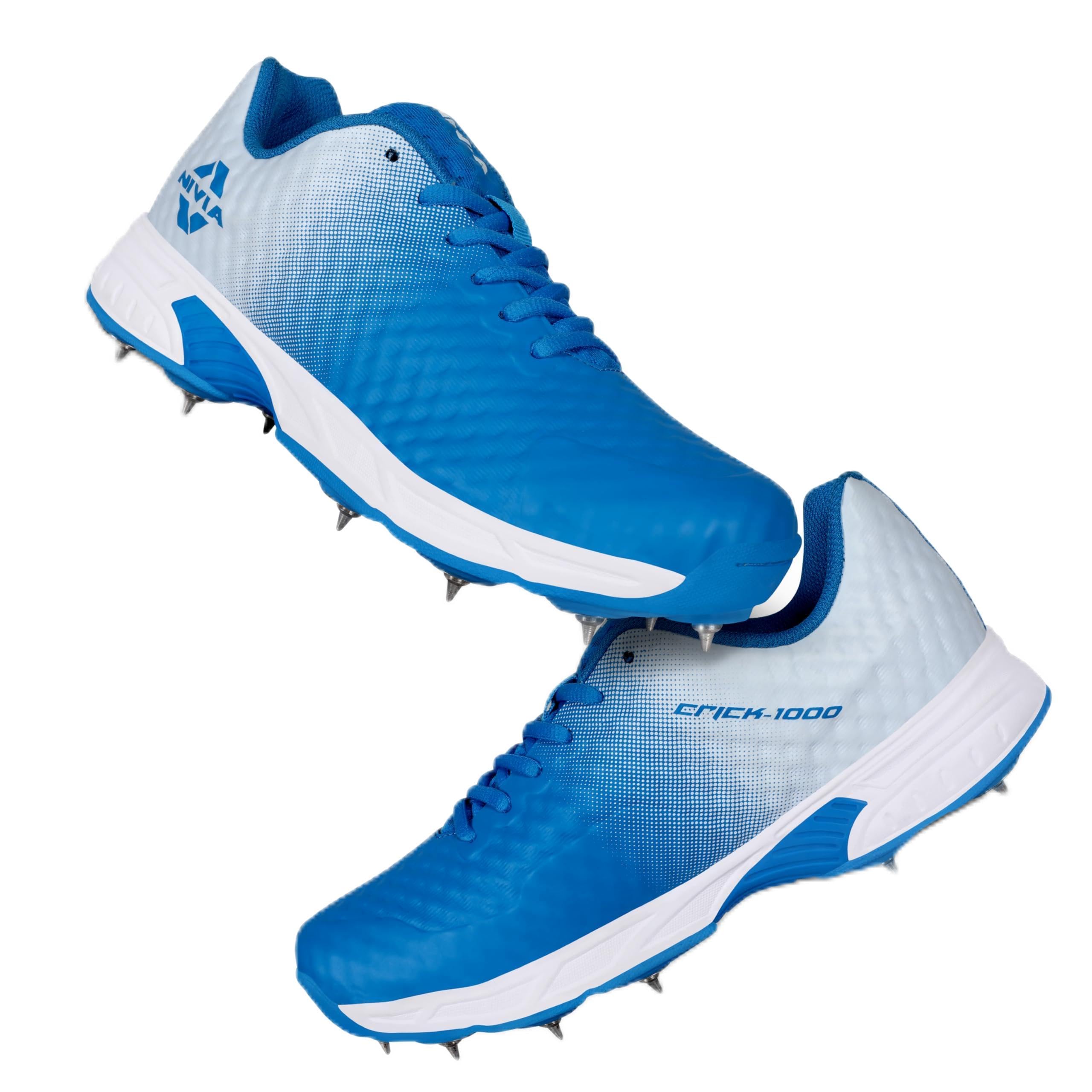 NIVIA Crick-1000 Cricket Shoes for Men| Mesh & TPU Upper| Cushioned Molded PU Insole| Durable Phylon & Rubber Outsole with Metal Spikes| High-Performance Bowling Cricket Shoes| Sports Shoes (Aster Blue/White) UK-06 (B0BDLB19NP) Amazon Price History, Amazon Price Tracker