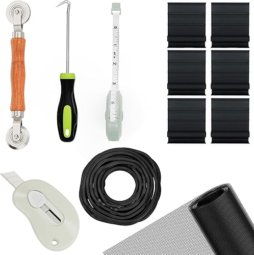 Kit de reparación de pantalla y puerta de mosquitera, malla de fibra de vidrio con herramienta de enrollamiento de ranurasgancho de extracción de