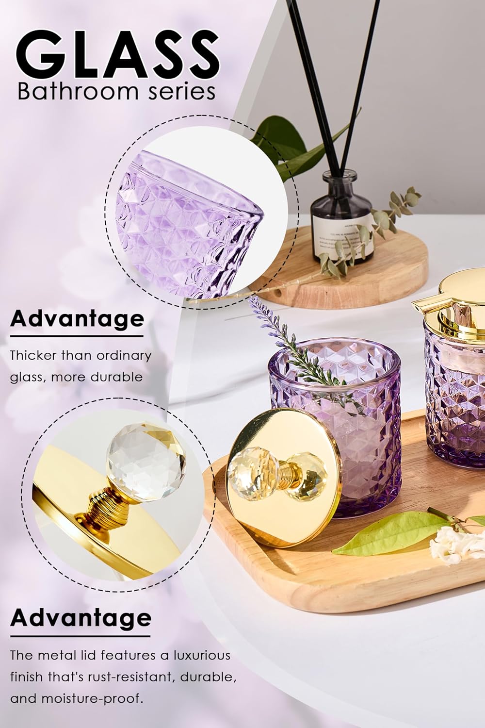 Purple Bathroom Accessories, 4Pcs Purple Bathroom Accessory Set Complete, Toothbrush Holder Set, Soap Dispenser, Qtip Holder, Tumbler, Perfect for Bathroom Decor and Vanity