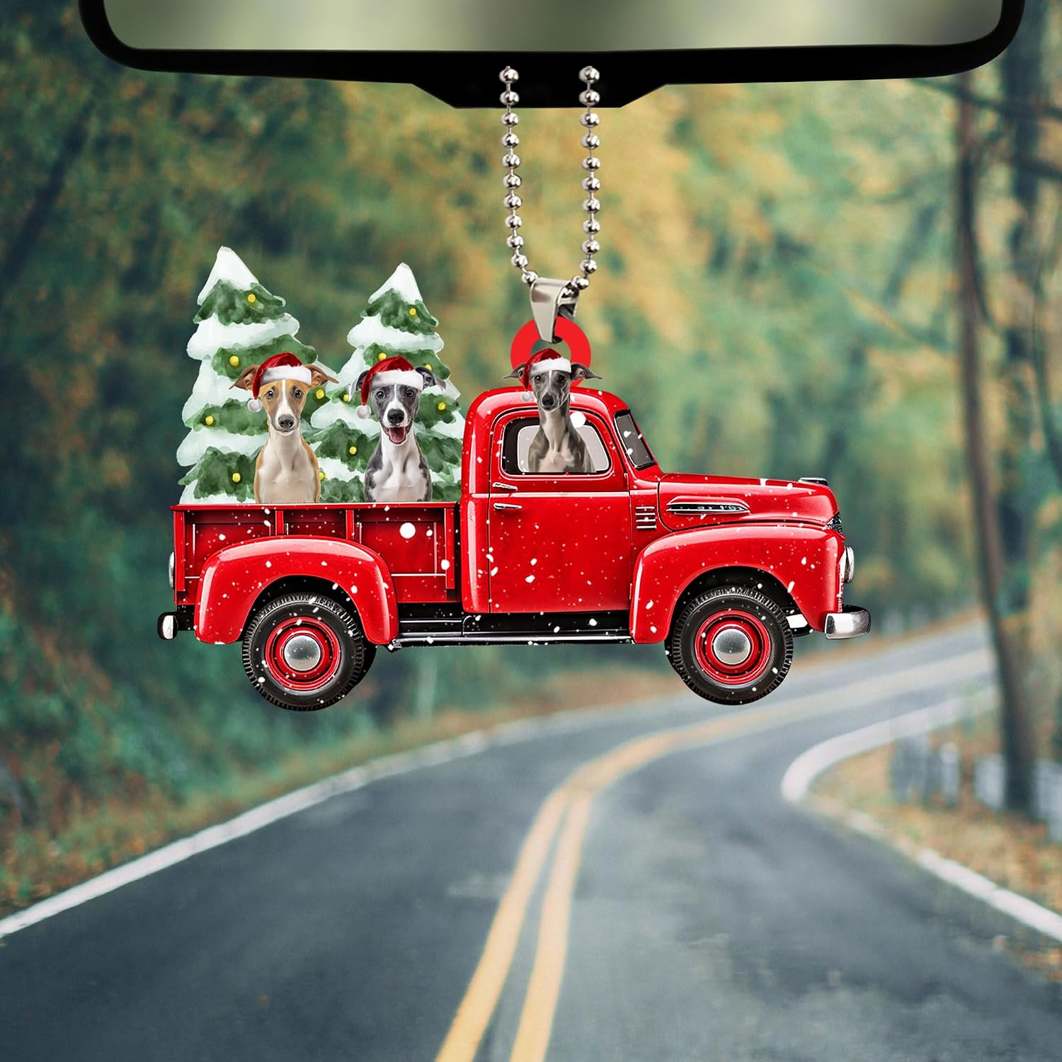 Talataca Whippet 2D Flat Christmas Ornament, Whippet Dog Red Pickup Truck Pine Tree Decor, Hanging House Charm Eve Keepsake, Car Rear View Mirror Accessories, Xmas Gift image 5