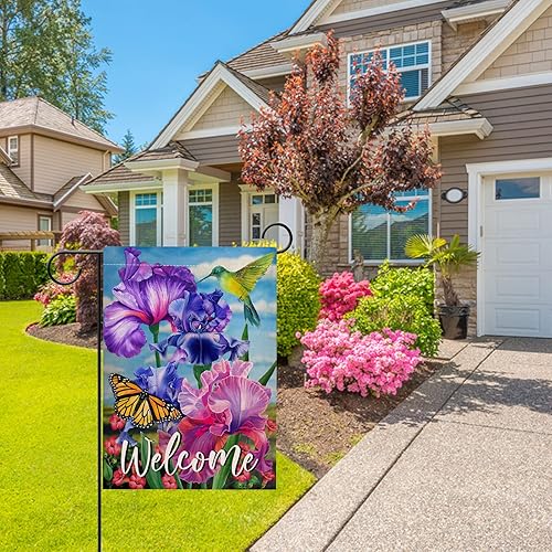Miniatura 7 de Bandera de bienvenida para jardín de colibrí de primavera de doble cara, flor morada, pájaro amarillo, mariposa, decorativa, casa, patio, decoración