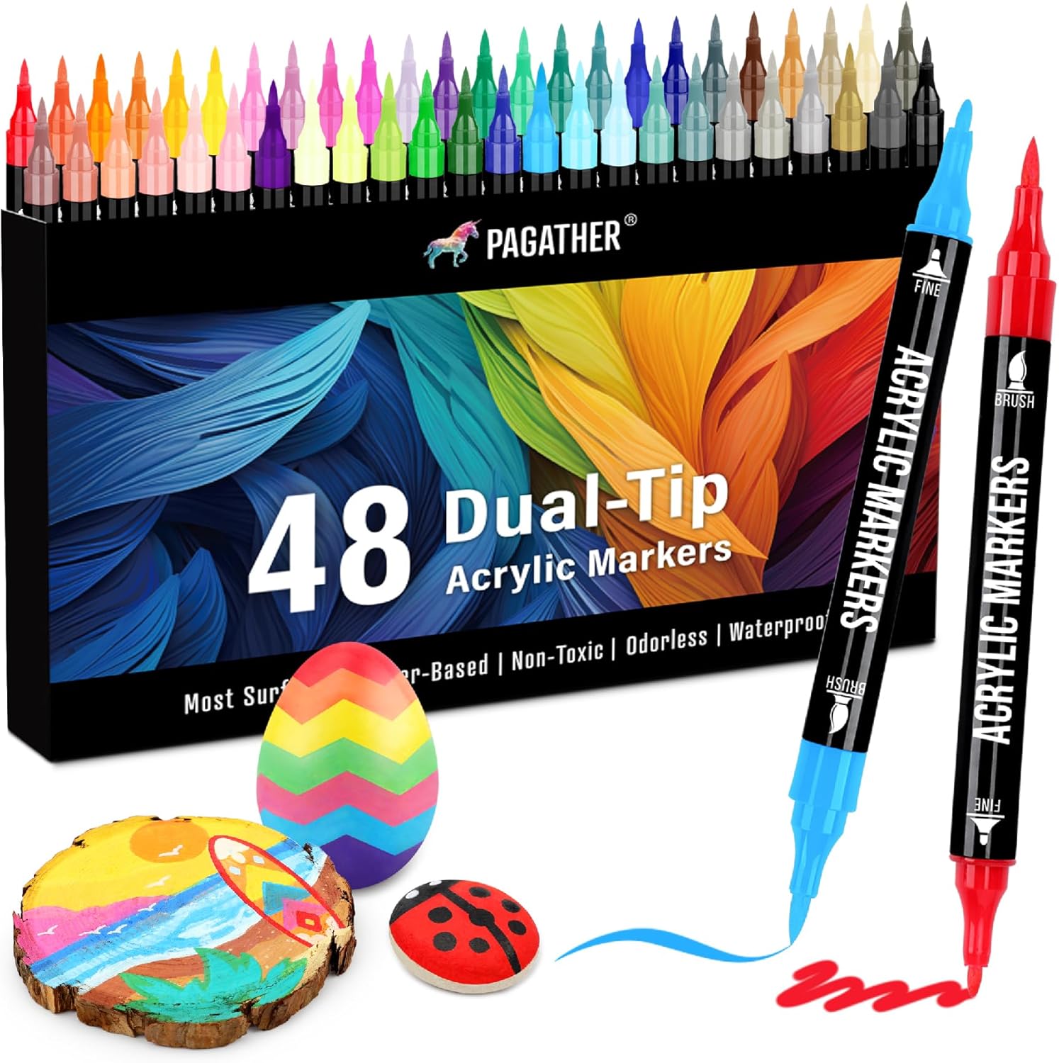 Pagather 48 Colors Acrylic Paint Markers, Dual Tip with Fine Tip and Brush Tip Pens for Stone, Wood, Calligraphy, Canvas, Ceramic, Metal, Glass, Rock Painting, DIY Crafts