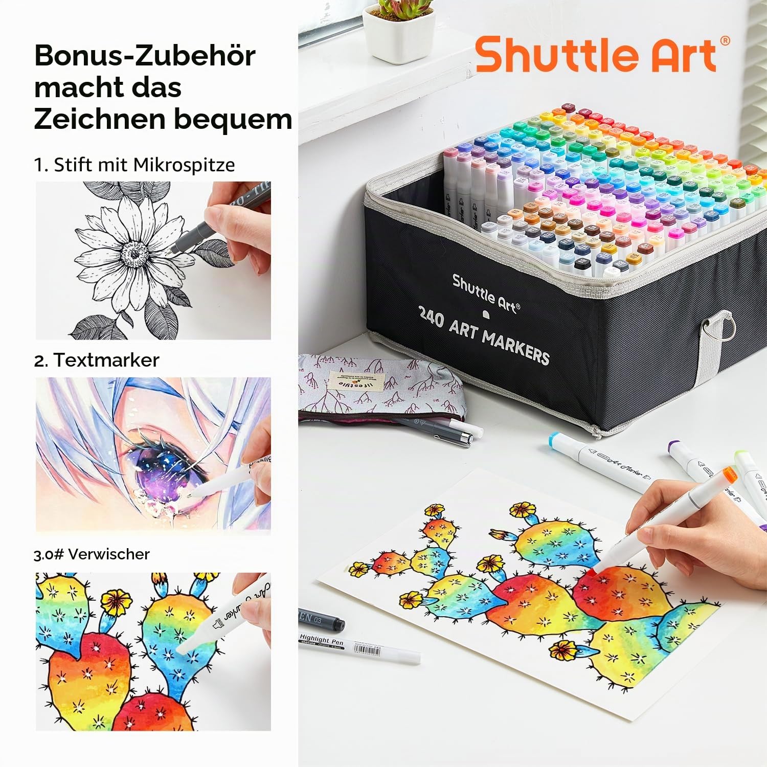 Shuttle Art Alkohol Marker Set, 240 bunte doppelseitige Alcohol Marker Stifte Set mit Blender, Markerblock, Etui, Twinmarker Stifte für Kinder, Erwachsene, Alkohol Stifte zum Malen