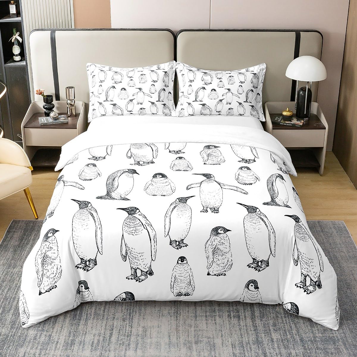 100% Gewaschene Baumwolle Pinguin Bettwäsche Set 135x200,Antarktis Tier Bettbezug für Kinder Jungen Mädchen Kinder,Winter Thema Tröster Abdeckung Pinguin Skizze Quilt Cover Dekorativ,Grau Weiß