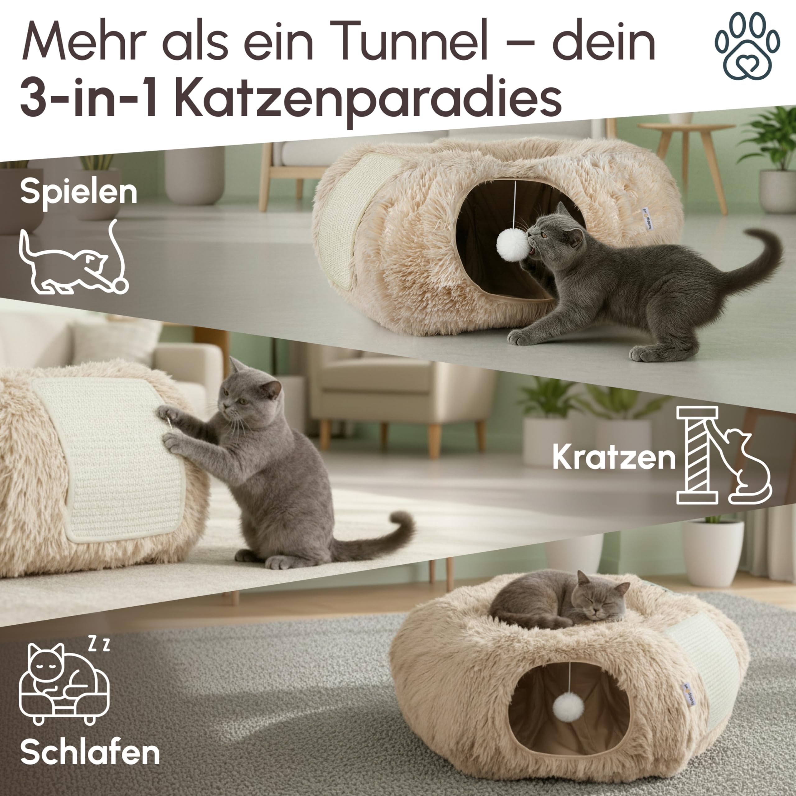 3-in-1 Katzentunnel mit Katzenbett & Kratzflächen | Flexibel nutzbarer Premium Katzentunnel aus weichem Plüsch als Katzenhöhle, Katzenkorb & Katzenspielzeug | Waschbar | Mit Sisal Kratzmatte | BEIGE