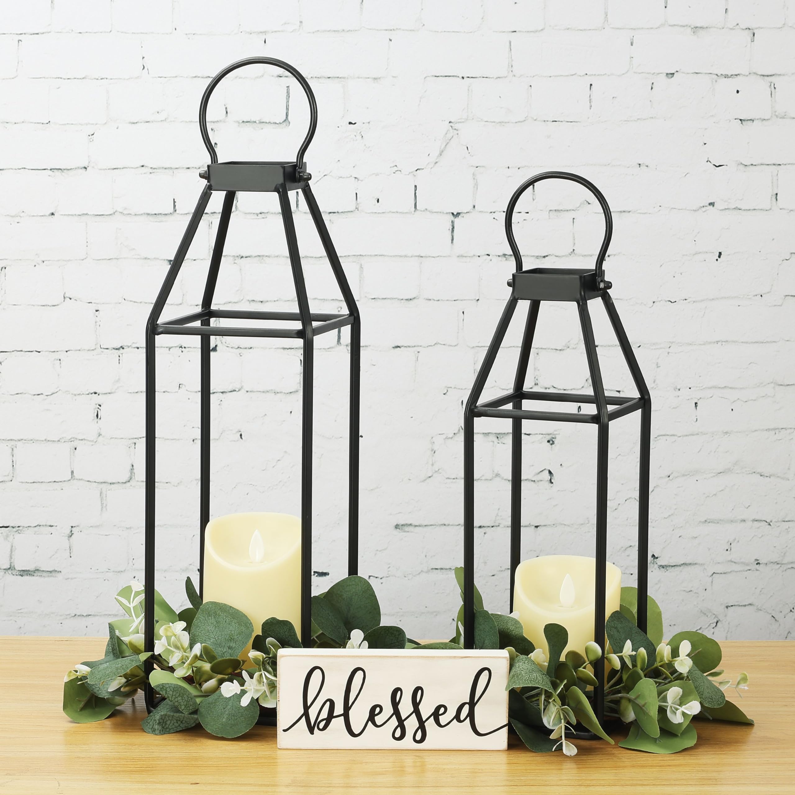 PERFNIQUESet of 2 Black Metal Lanterns w/ 6hr Timer Flickering Flameless Candles, Modern Farmhouse Lanterns Decorative for Outdoor, Front Porch, Indoor, Patio, Garden, Fireplace (15'' x 17.5'')
