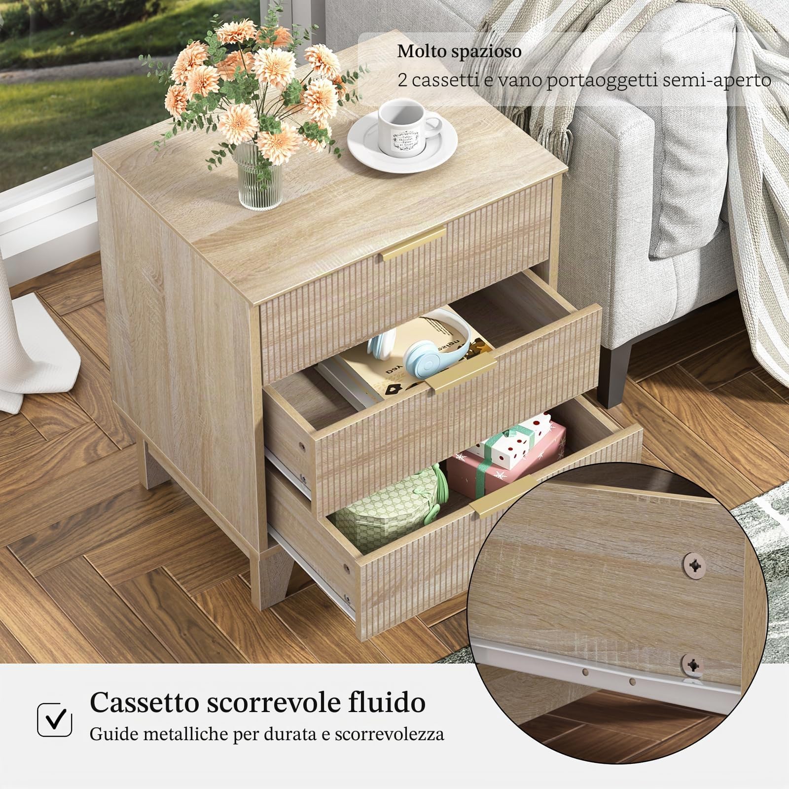 Tavolino Comodino con 3 Cassetti in Legno, 50 * 40 * 60cm Comodino in Legno Naturale per Camera da Letto, Soggiorno