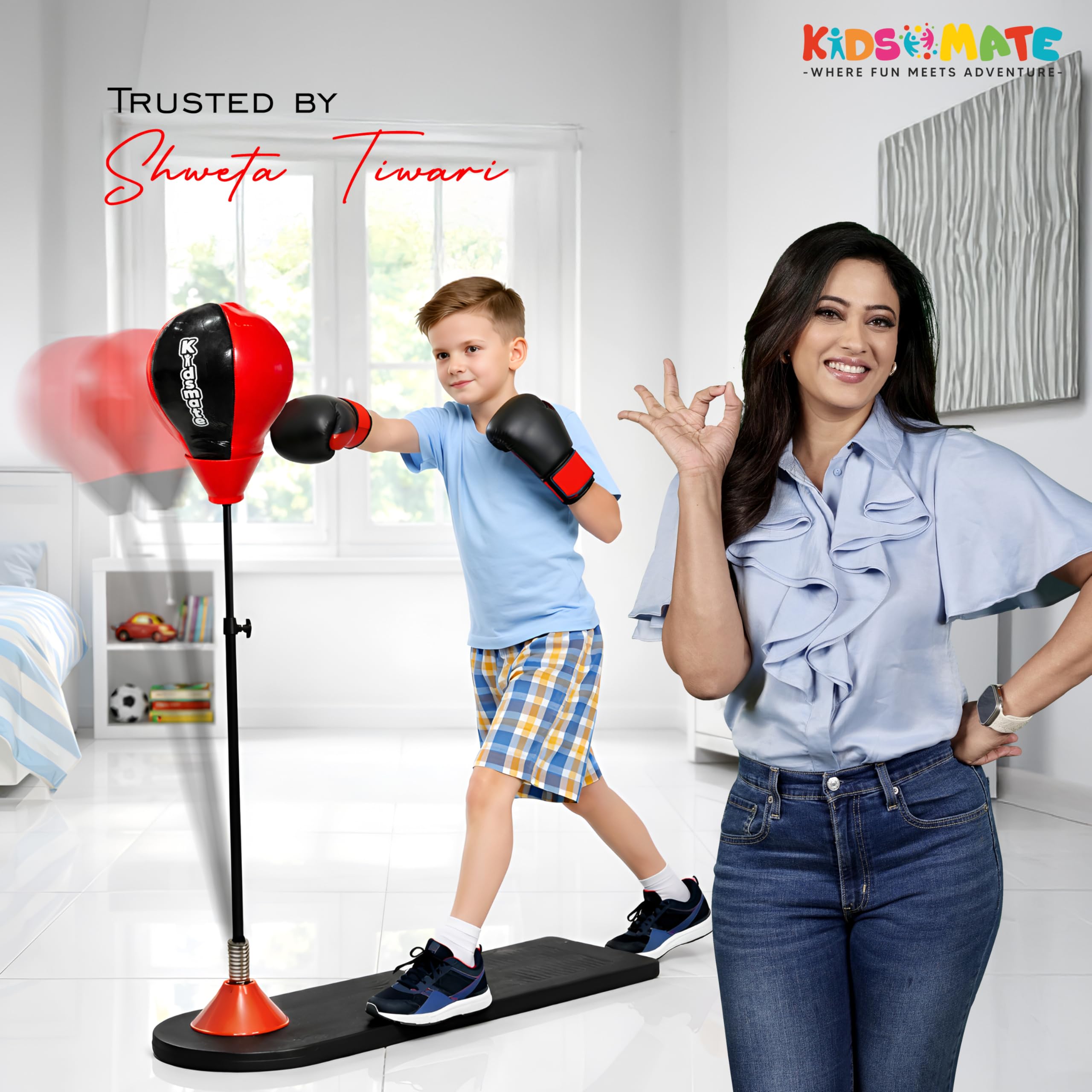 Kidsmate Power Punch Boxing Punching Stand for Kids with Gloves & Pump | Adjustable Height Freestanding Punch Ball, Fitness Training Indoor Exercise Toy for Boys & Girls of Ages 3-15 yrs - Red/Black