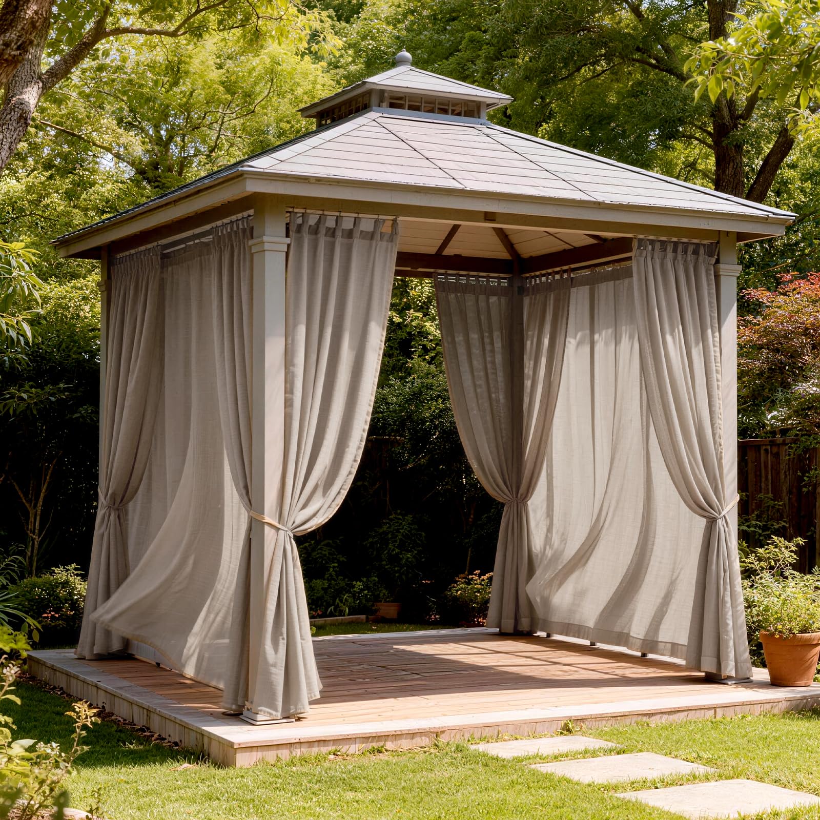 LANSHENG Outdoor Curtains, Hook and Loop Pergola Gazebo curtains waterproof, Linen Patio Curtains (Linen, 132 * 213CM)