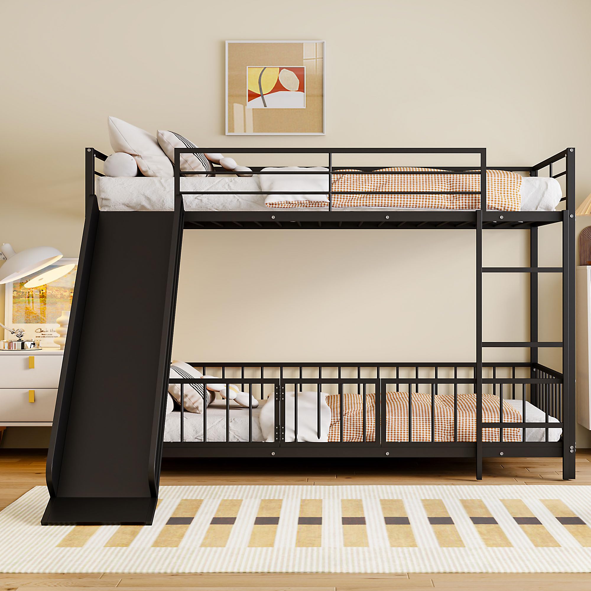 Harper & Bright Designs Metal Bunk Beds Twin Over Twin with Slide for Kids, Heavy Duty Low Bunk Beds with Safety Guardrail, Small Door and Ladder for Girls Boys, No Box Spring Required,Black