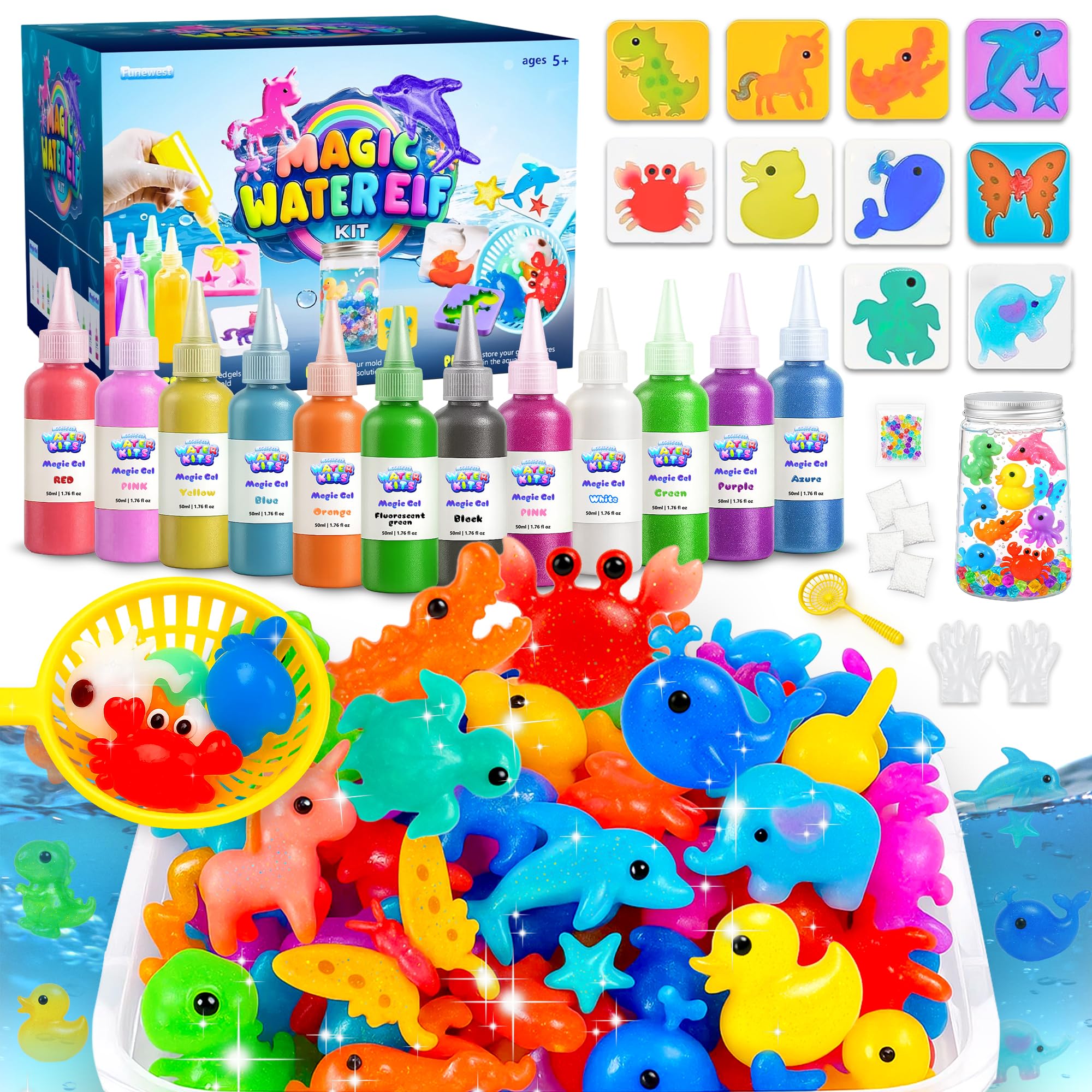 Funewest Magic Water Elf Toy Kit,12 Magical Gels & 10 Molds Squishy Maker - Perfect Party Favors & Craft Gifts for Kids 6-10 years old,Aqua Fairy Water Gel Arts & Crafts Just Add Magic
