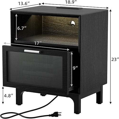 Miniatura 2 de Mesita de noche totalmente montada con estación de carga, mesita de noche moderna de mediados de siglo con cajón de cristal, mesita de noche con