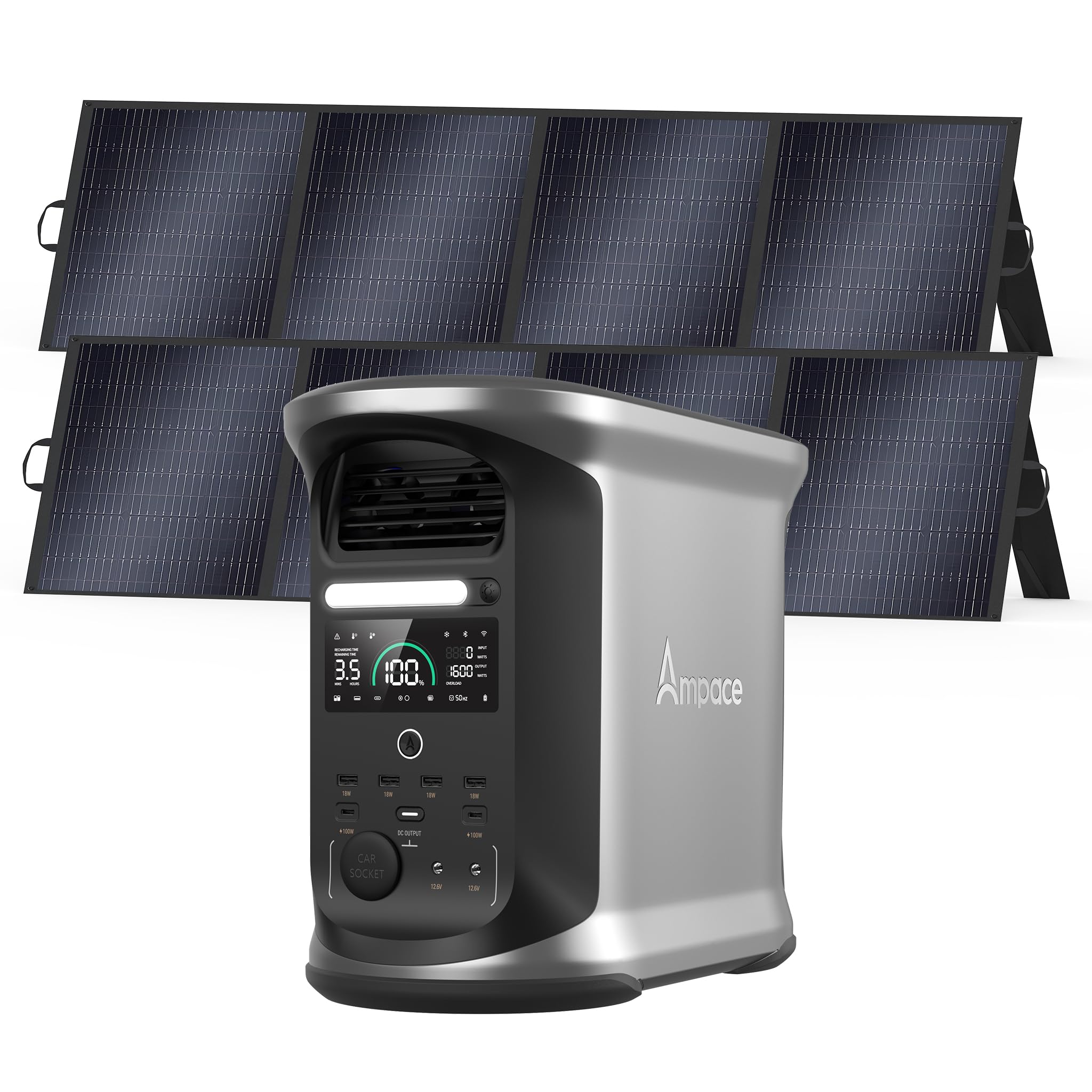 AMPACE Andes 1500 Power Station with 2 200W Solar Panel 2400W 1462Wh Solar Generator with 3 AC Outlets