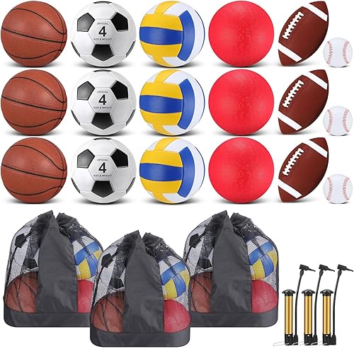 Juego de 18 pelotas deportivas para niños y adolescentes, tamaño oficial, baloncesto, fútbol, voleibol, fútbol, parque infantil, béisbol, equipo