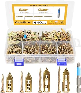 440PCS Self Drilling Drywall Anchors with Screws Kit – Heavy Duty Metal Anchors & Expansion Screws, No Pre-Drilling, Holds 66lbs, Includes Box & Drill Bit – for TV, Shelf, Mirror, Picture Frame
