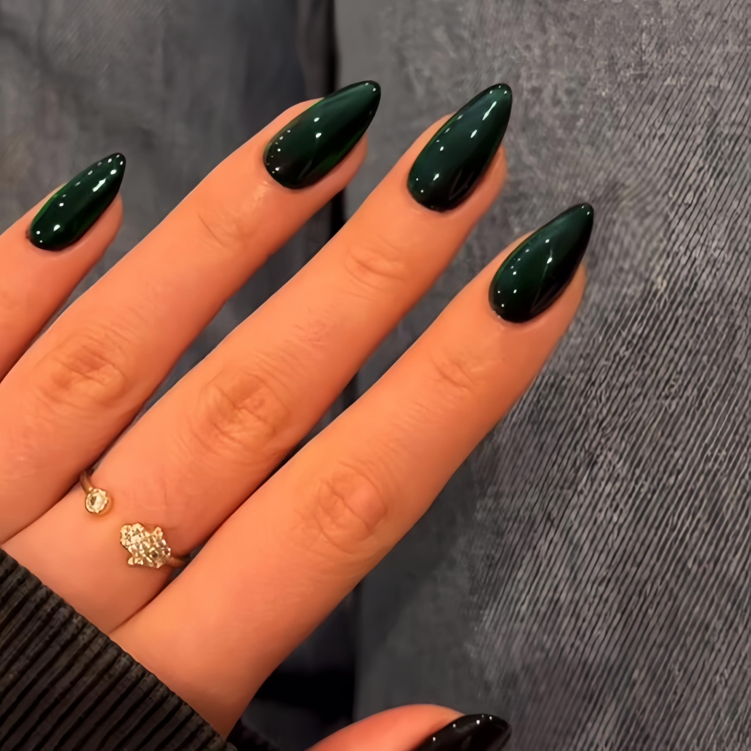 Emerald Green Cat Eye False Nails, SXVME Glitter Black Press on Nails Medium Almond - Image 2