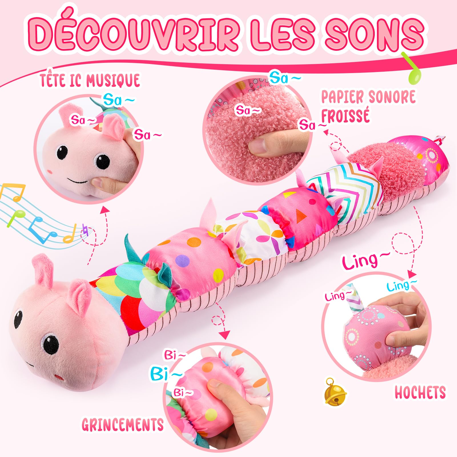 Toyzey Jouet Bébé 0-6 Mois Jouet Peluche Chenille Musicale Cadeau de Naissance 0-6 Mois Bébé Fille Jouet Sensoriels Montessori Éveil 0-12 Mois Jeux Bebe 0-6 Mois Cadeau Bebe 0-12 Mois Fille