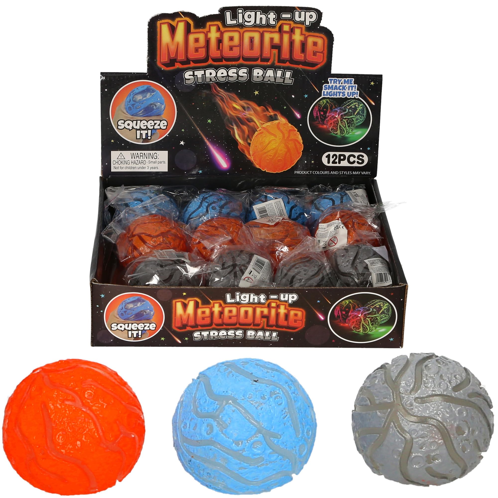 Light-Up Meteorite Squeeze Stress Ball, Smack It Lights Up, Assorted Colours, 12 Pack