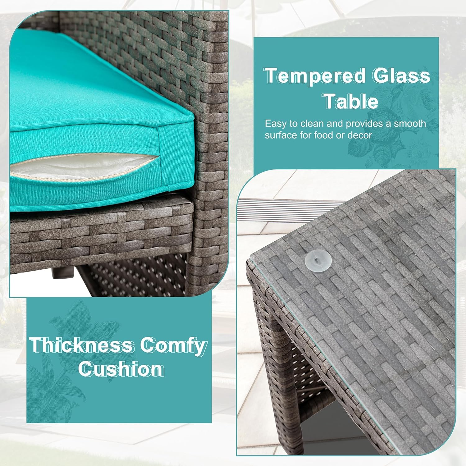 Close-up of the thick cushion and tempered glass table